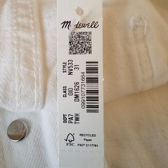 Madewell White Darted Barrel-Leg Jeans NWT Size 31 100% Cotton - Picture 7 of 10